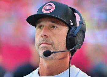 Kyle Shanahan of San Francisco 49ers looking on.