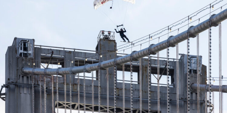 Skysurfer Boardslides San Francisco's Bay Bridge