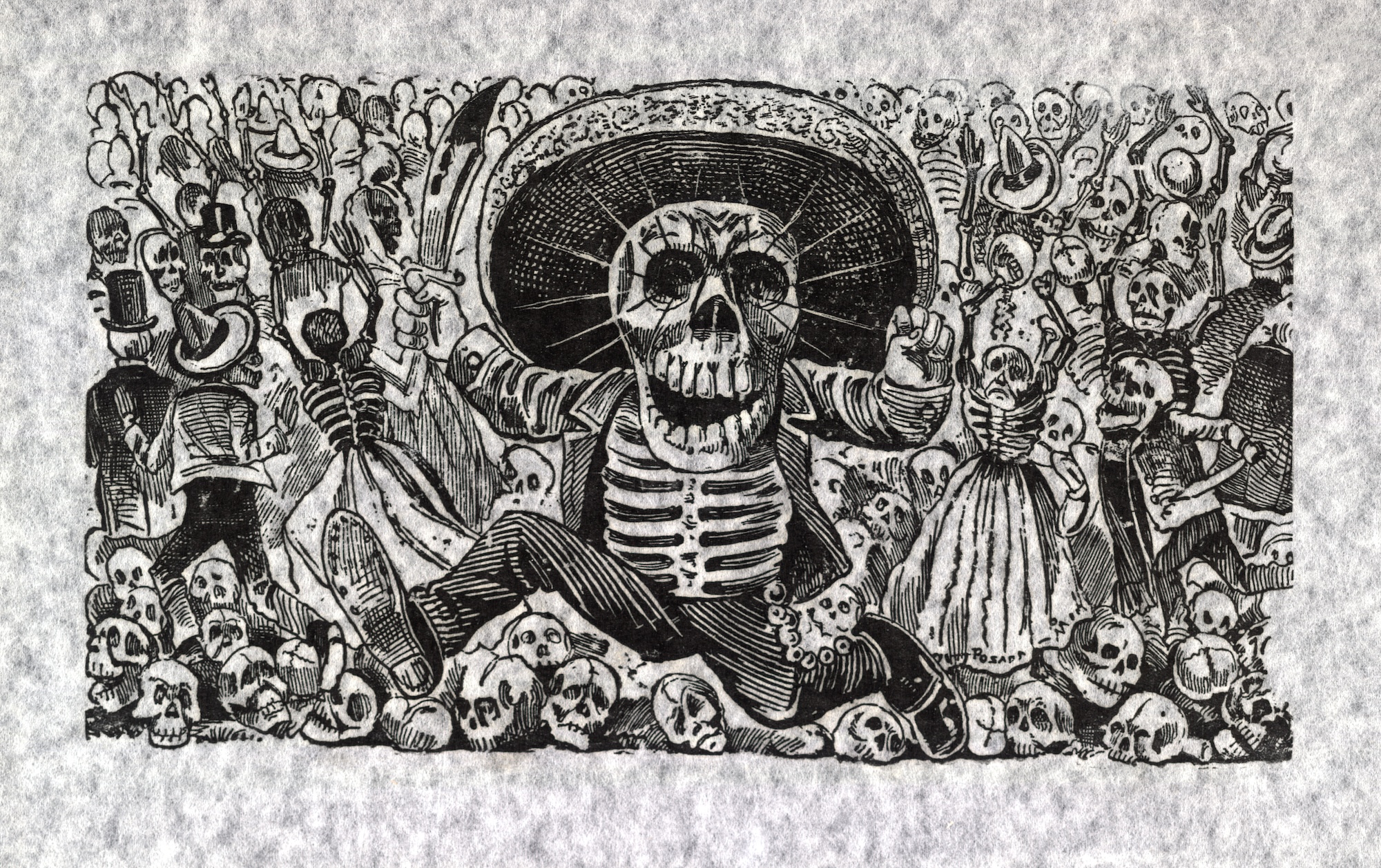 Traditional Mexican print shows a fierce calavera brandishing a knife with a crowd of calaveras behind him.