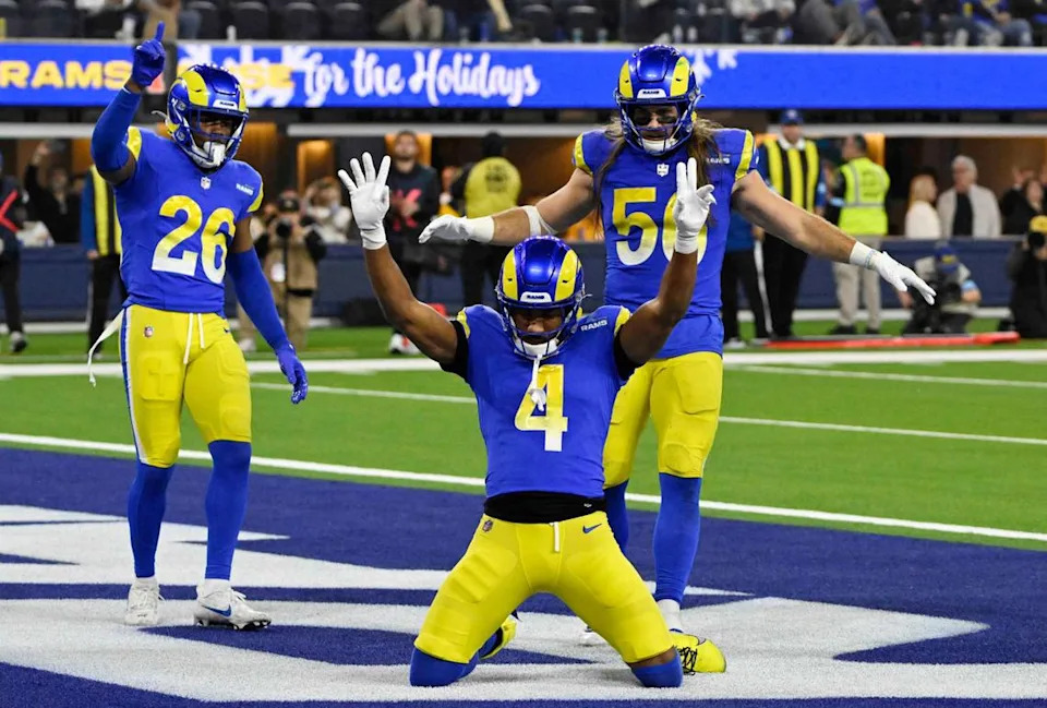 Los Angeles Rams cornerback Ahkello Witherspoon reacts after knocking away a pass in the end zone against the Arizona Cardinals on Dec. 28, 2024, at SoFi Stadium in Inglewood, California. 
