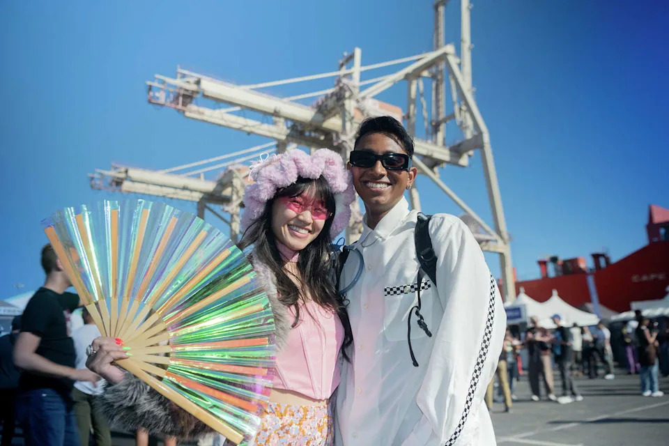 Andrea, left, and Rishi from Honolulu, Hawaii, pose for a photo at the Portola Music Festival on Saturday, Sept. 21, 2025. (Charles Russo/SFGATE)