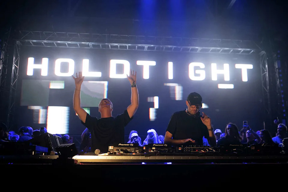 The Chemical Brothers perform the headlining set in the Warehouse at the Portola Music Festival on Saturday Sept. 20, 2025. (Charles Russo/SFGATE)