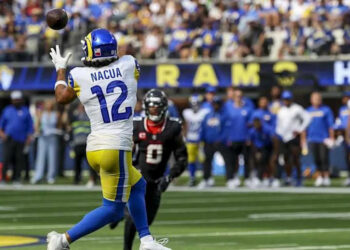 Los Angeles Rams wide receiver PukaNacua (12) catches a pass during the fourth quarter at SoFi Stadium in Inglewood on Sept. 7, 2025.