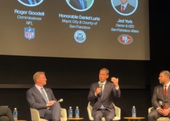 From left to right,  Bay Area Host Committee CEO Zaileen Janmohamed, NFL commissioner Roger Goodell, San Francisco Mayor Daniel Lurie and 49ers owner Jed York were at San Francisco's Museum of Modern Art on Friday to help kick off the countdown to Super Bowl 60 at Levi's Stadium. Cam Inman/staff