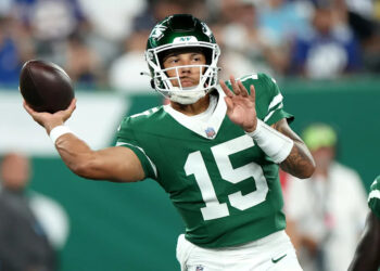 EAST RUTHERFORD, NEW JERSEY - AUGUST 24: Adrian Martinez #15 of the New York Jets throws a pass against the New York Giants during the first quarter of a preseason game at MetLife Stadium on August 24, 2024 in East Rutherford, New Jersey. (Photo by Luke Hales/Getty Images)Luke Hales&sol;Getty Images