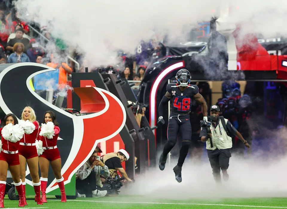 Dec 25, 2024; Houston, Texas, USA; Houston Texans linebacker Christian Harris (48) is introduced before playing against the Baltimore Ravens in the first quarter at NRG Stadium. Mandatory Credit: Thomas Shea-Imagn Images
