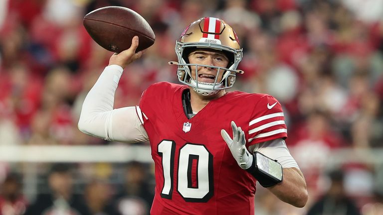 San Francisco 49ers quarterback Mac Jones (10) passes against the Atlanta Falcons in the first half of an NFL football game, Sunday, Oct. 19, 2025, in Santa Clara, Calif. (AP Photo/Kelley L Cox)