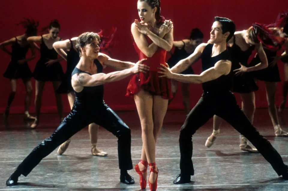 Ethan Stiefel, left, Amanda Schull and Sascha Radetsky dance on stage in a scene from the film the 2000 film 