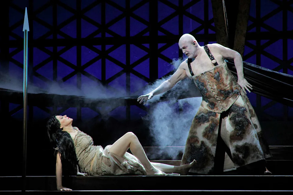 Tanja Ariane Baumgartner as Kundry, left, and Falk Struckmann as Klingsor in San Francisco Opera's new production of