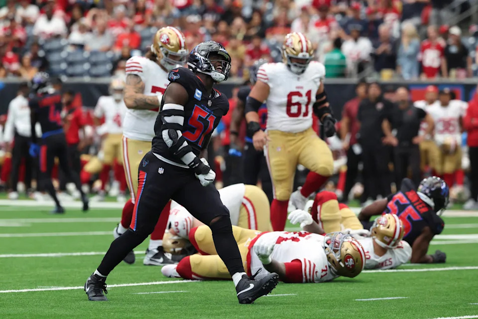 Oct 26, 2025; Houston, Texas, USA; Houston Texans defensive end Will Anderson Jr. (51) reacts after a defensive play during the third quarter against the San Francisco 49ers at NRG Stadium. Mandatory Credit: Troy Taormina-Imagn Images