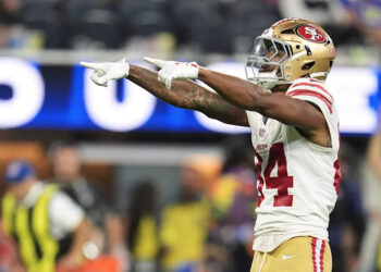 San Francisco 49ers wide receiver Kendrick Bourne (84) gestures after a catch for a first down against the Los Angeles Rams during the second half of an NFL football game, Thursday, Oct. 2, 2025, in Inglewood, Calif. (AP Photo/Marcio Jose Sanchez)