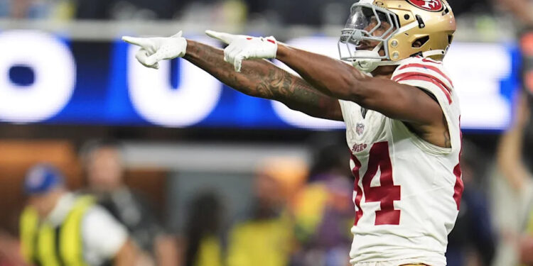 San Francisco 49ers wide receiver Kendrick Bourne (84) gestures after a catch for a first down against the Los Angeles Rams during the second half of an NFL football game, Thursday, Oct. 2, 2025, in Inglewood, Calif. (AP Photo/Marcio Jose Sanchez)