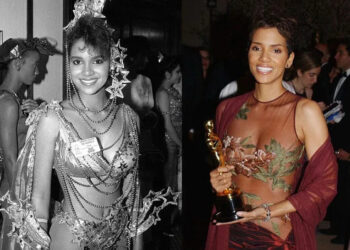Halle Berry at the Miss World 1986 pageant and with her best actress Oscar in 2001.