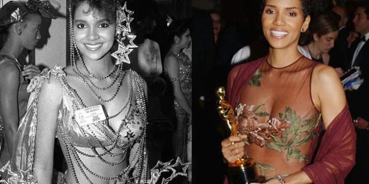 Halle Berry at the Miss World 1986 pageant and with her best actress Oscar in 2001.