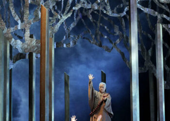 Kwangchul Youn as Gurnemanz, above, with Laura Krumm, below left, and Elisa Sunshine as Esquires in San Francisco Opera's new production of