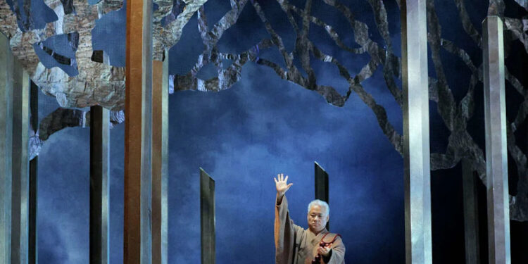Kwangchul Youn as Gurnemanz, above, with Laura Krumm, below left, and Elisa Sunshine as Esquires in San Francisco Opera's new production of