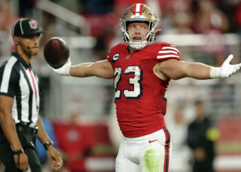 San Francisco 49ers' Christian McCaffrey celebrates 2nd quarter touchdown run against Atlanta Falcons during NFL game at Levi's Stadium in Santa Clara, Calif., on Sunday, October 19, 2025. (Scott Strazzante/S.F. Chronicle)
