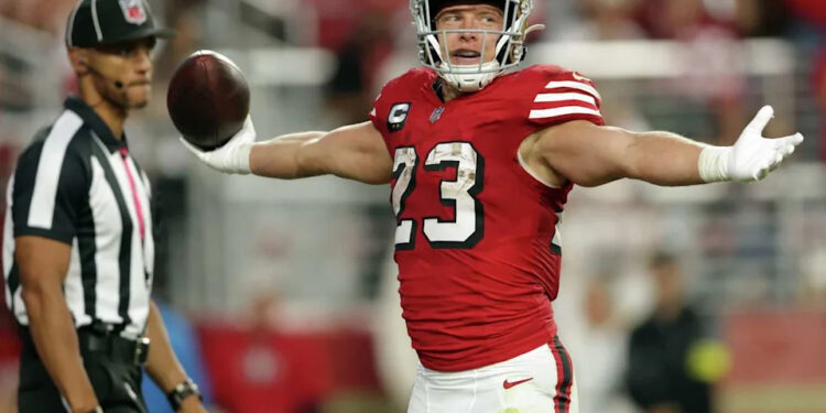 San Francisco 49ers' Christian McCaffrey celebrates 2nd quarter touchdown run against Atlanta Falcons during NFL game at Levi's Stadium in Santa Clara, Calif., on Sunday, October 19, 2025. (Scott Strazzante/S.F. Chronicle)