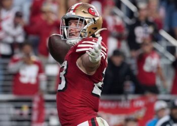 San Francisco 49ers running back Christian McCaffrey (23) celebrates his touchdown against the Atlanta Falcons in the first half of an NFL football game, Sunday, Oct. 19, 2025, in Santa Clara, Calif. (AP Photo/Godofredo A. V..squez)