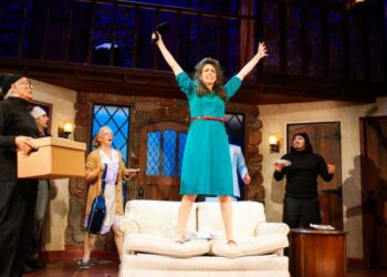 Belinda (Liz Sklar center) loses her cool as the cast (from left, Louis Parnell, Nima Rakhshanifar, Julie Eccles, Joe Ayers and Jamiel St. Rose) watch in horror in a scene from SF Playhouse's comedy