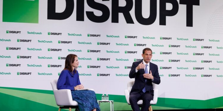 Connie Loizos, Editor-in-Chief and San Francisco Mayor Daniel Lurie speak onstage during day three of TechCrunch Disrupt 2025 at Moscone Center on October 29, 2025 in San Francisco, California.