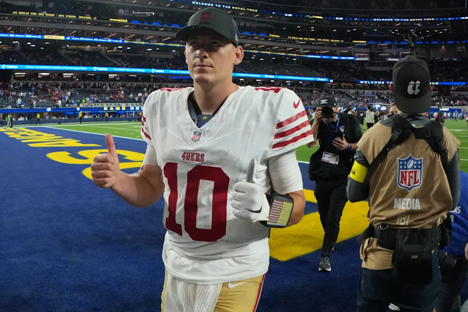 Oct 2, 2025; Inglewood, California, USA; San Francisco 49ers quarterback Mac Jones (10) reacts after the game against the Los Angeles Rams at SoFi Stadium. Mandatory Credit: Kirby Lee-Imagn Images