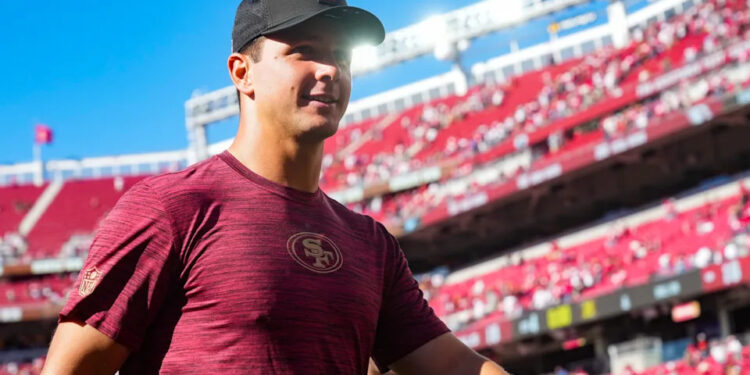 Sep 21, 2025; Santa Clara, California, USA; San Francisco 49ers quarterback Brock Purdy (13) leaves the field following the game against the Arizona Cardinals at Levi's Stadium. Mandatory Credit: Cary Edmondson-Imagn Images