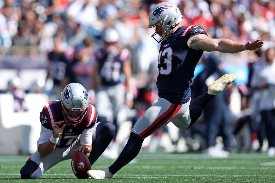 The Patriots' Joey Slye kicks a field goal against the Seattle Seahawks at Gillette Stadium on Sept. 15.