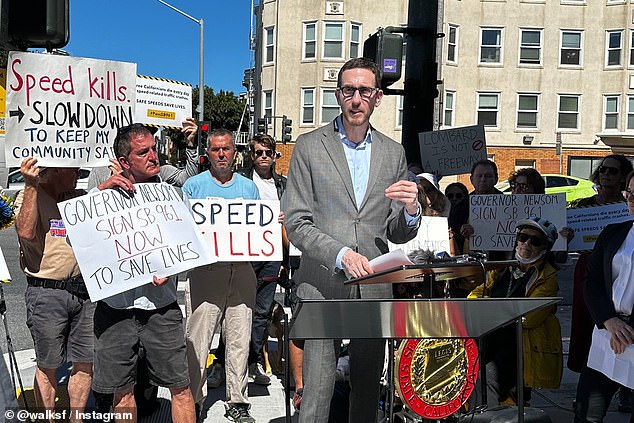 Sen Scott Wiener spoke at a press conference about Senate Bill 690, which aims to protect pedestrians while crossing San Francisco streets