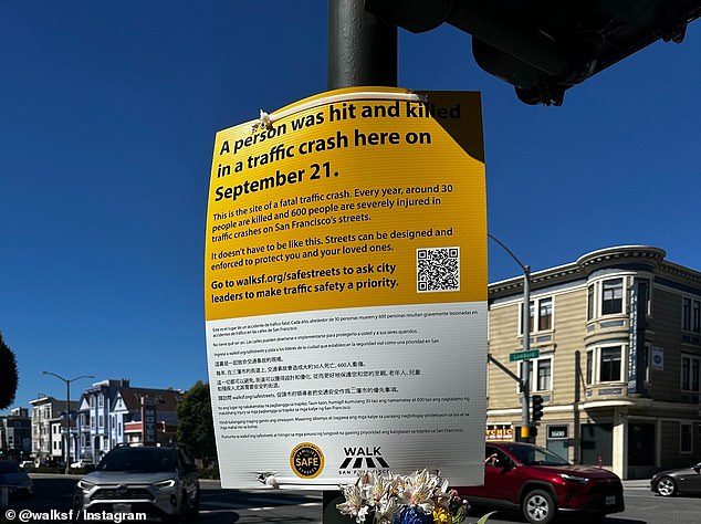 Walk San Francisco posted signs near pedestrians were killed along Lombard Street