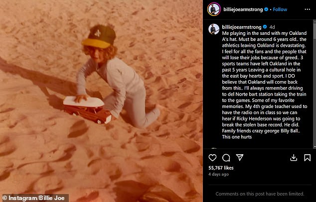 Just days earlier, Armstrong shared how 'devastated' he was that the Oakland A's were moving out of his hometown. He took to Instagram and penned a lengthy, heartfelt caption alongside a throwback photo of himself as a young child