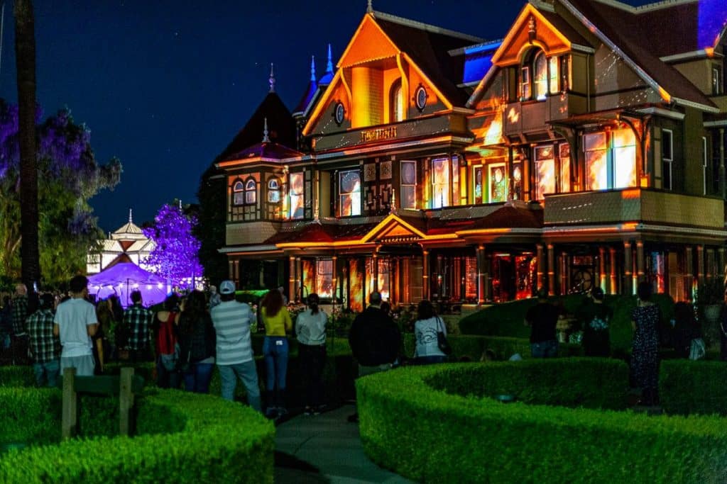 Winchester Mystery House lit up for Halloween event at night