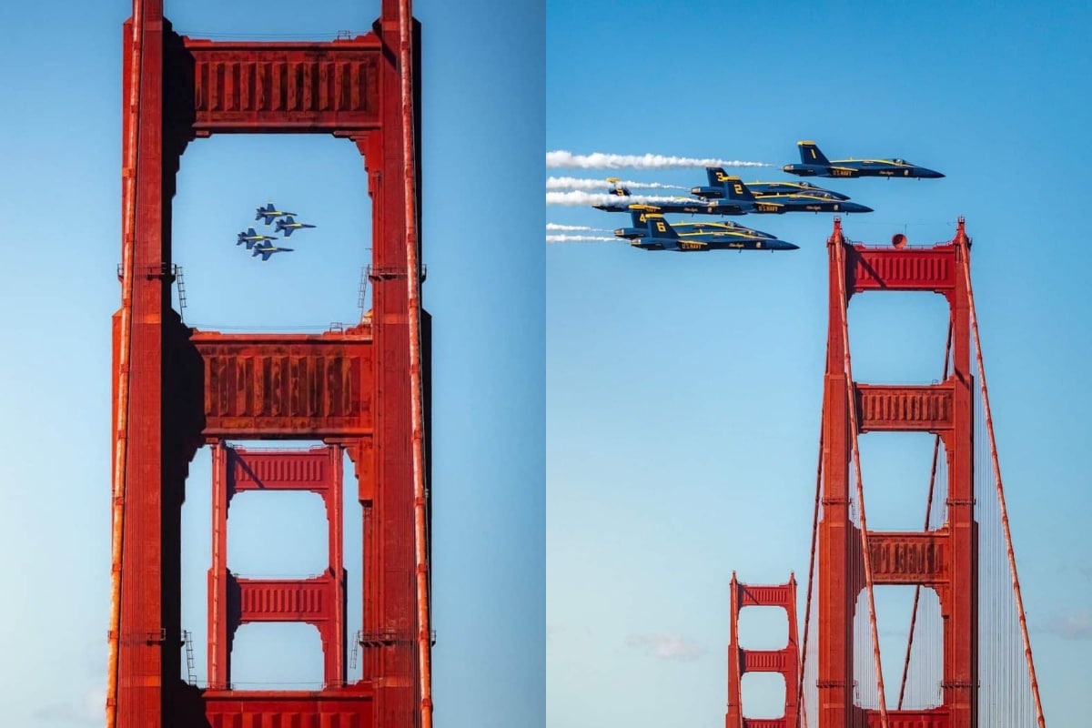 Blue Angels flying near the Golden Gate Bridge at SF Fleet Week.