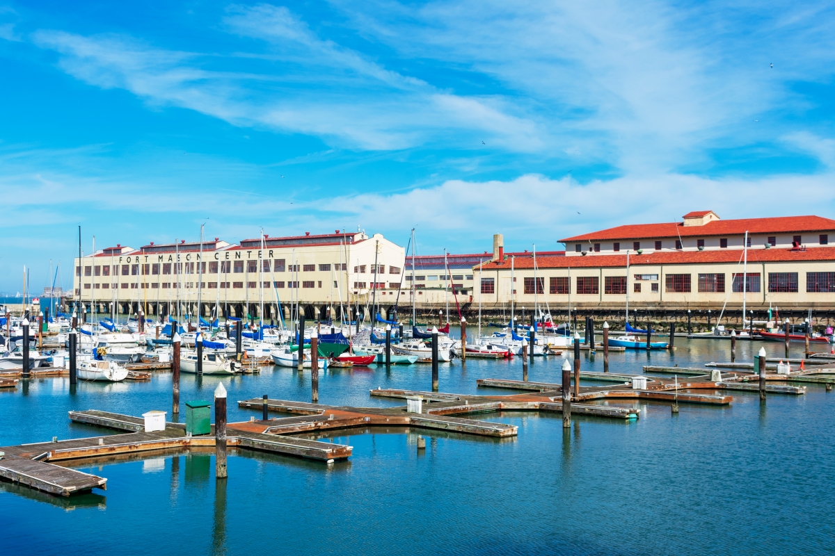 Fort Mason Center photographed from the water.