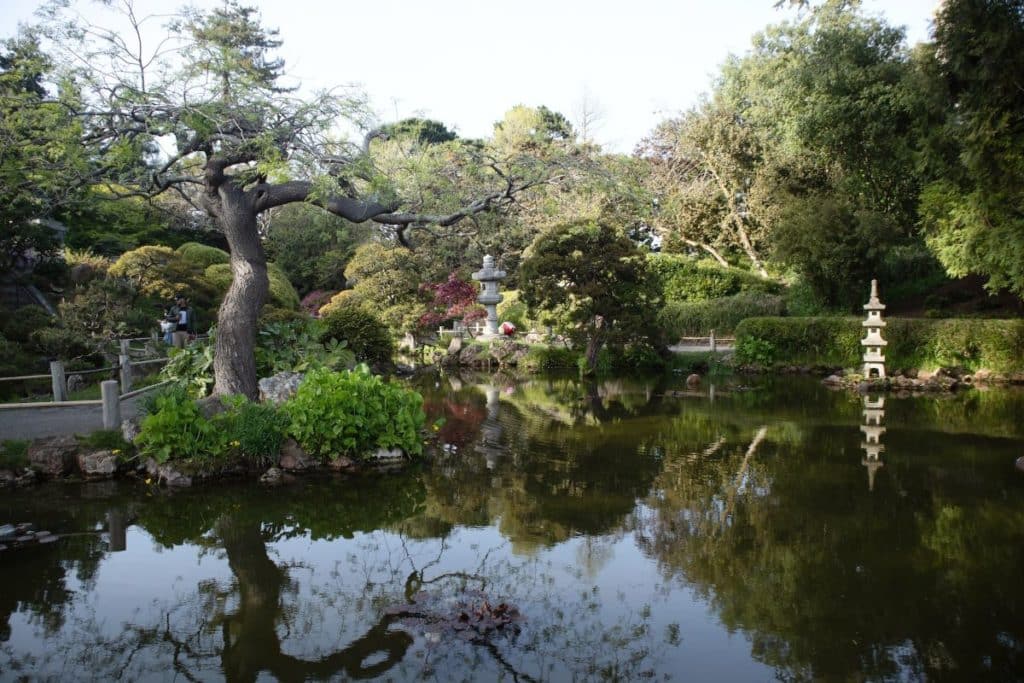 Pond surrounded by trees and stone monuments at the Japanese Tea Garden