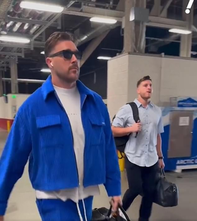 Kelce arrived at Levi's Stadium for his game against the 49ers in a bright blue corduroy jacket and pants combination that he paired with a white t-shirt, which was topped off with cool, dark sunglasses