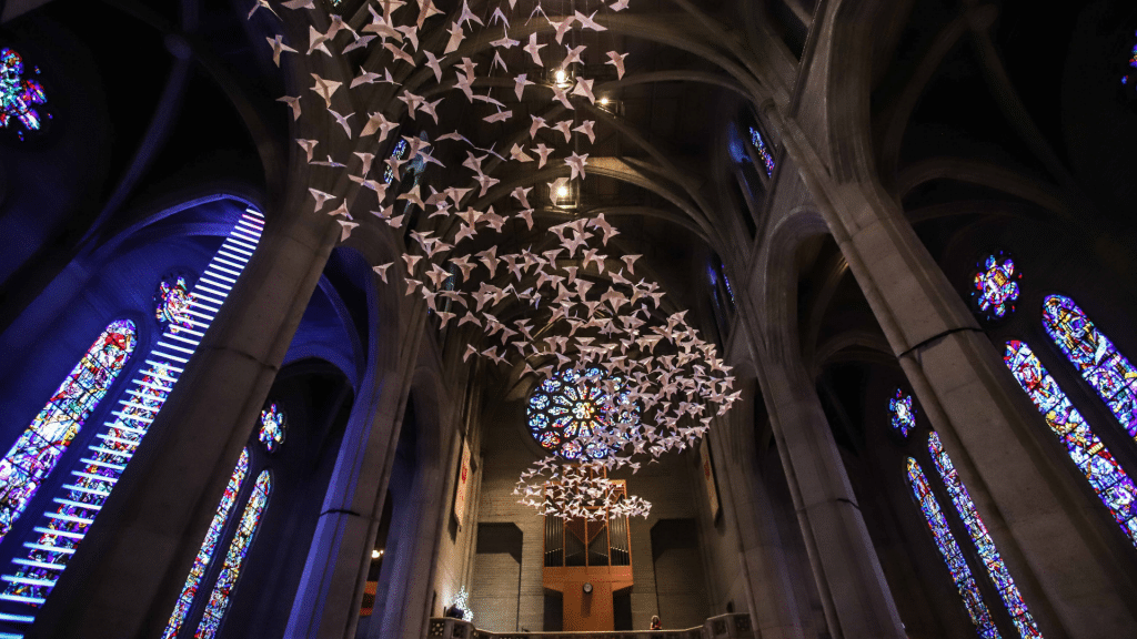 Paper cranes suspended from the ceiling at Grace Cathedral